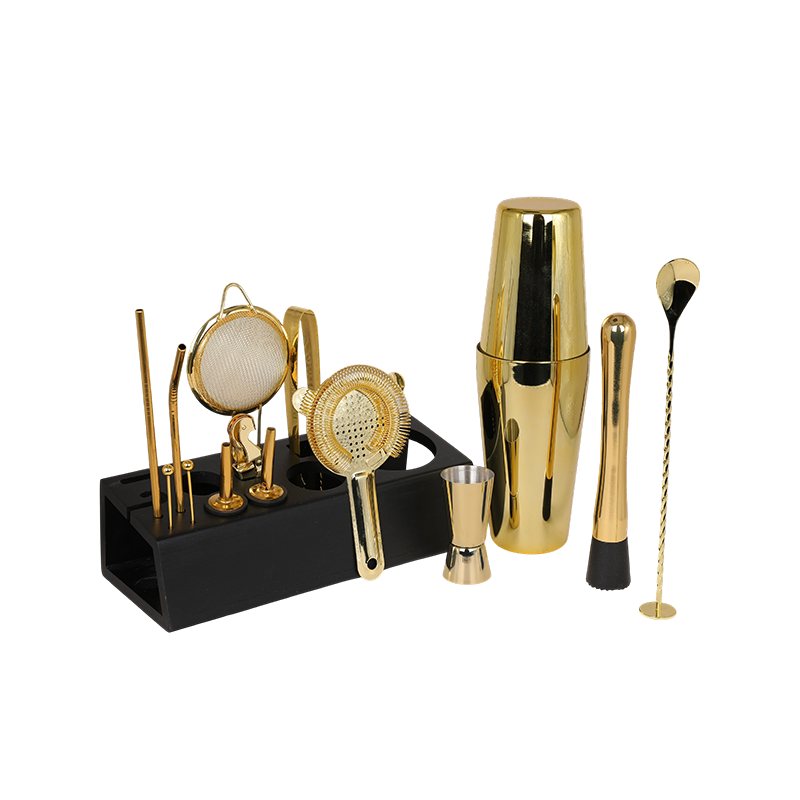 Herramienta de barra de acero inoxidable dorado de 15 piezas con soporte