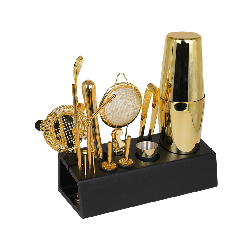 Herramienta de barra de acero inoxidable dorado de 15 piezas con soporte