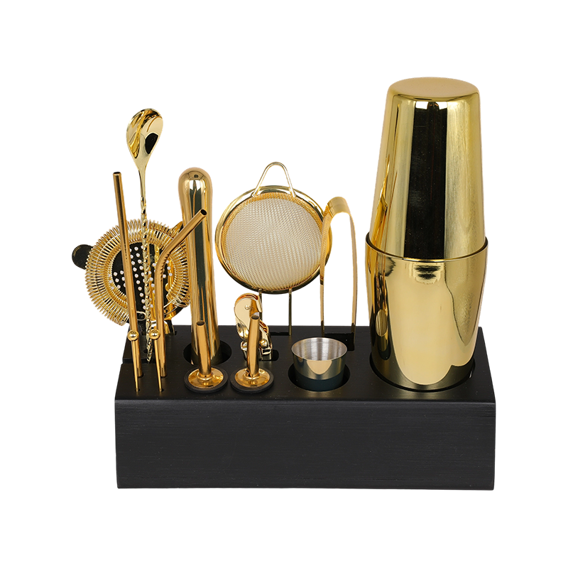 Herramienta de barra de acero inoxidable dorado de 15 piezas con soporte