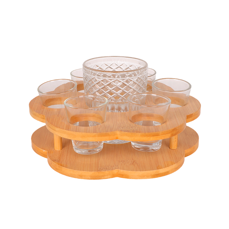 Juego de vasos de chupito de vodka de 8 piezas con soporte de madera de bambú