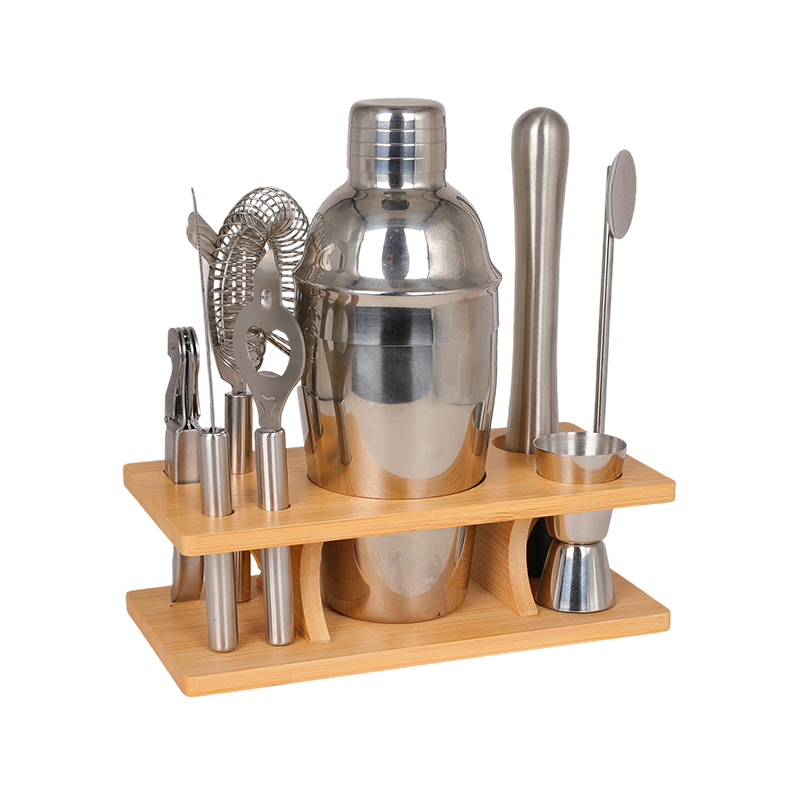 Juego de herramientas de barra de acero inoxidable de 9 piezas con soporte de bambú