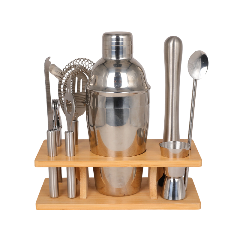 Juego de herramientas de barra de acero inoxidable de 9 piezas con soporte de bambú